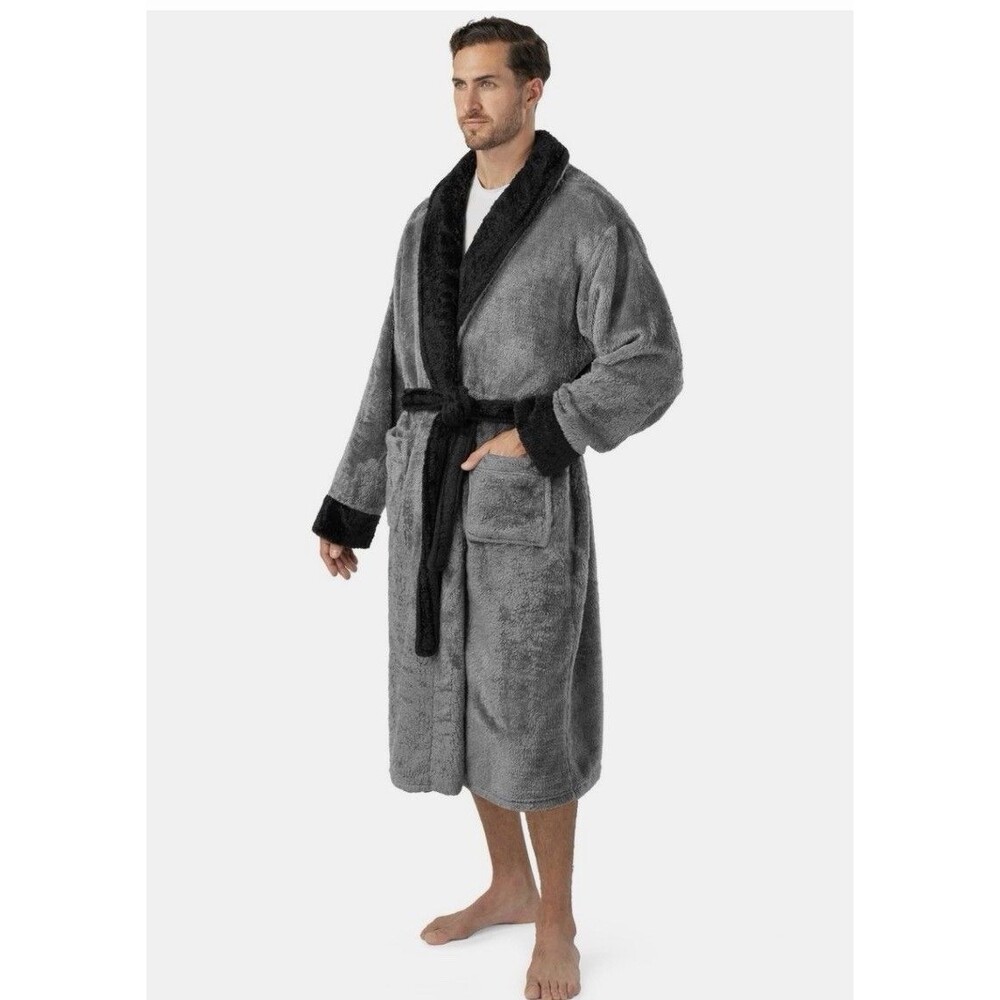 Grey & Black Unisex Adults One-Size Soft Plush Sherpa Robe Bathrobe - PAVILIA